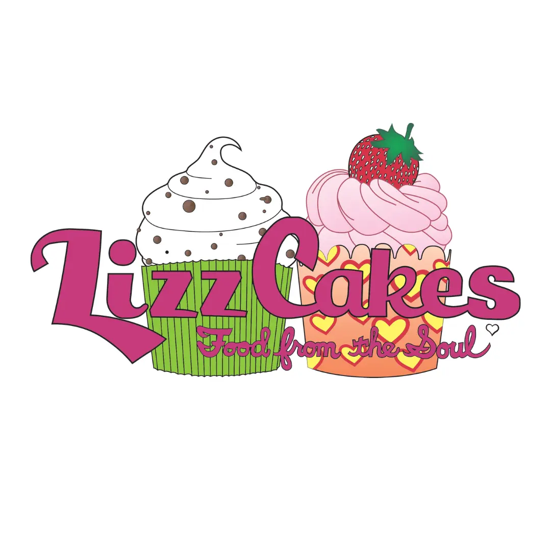 LizzCakes logo with cupcakes and tagline Food from the Soul
