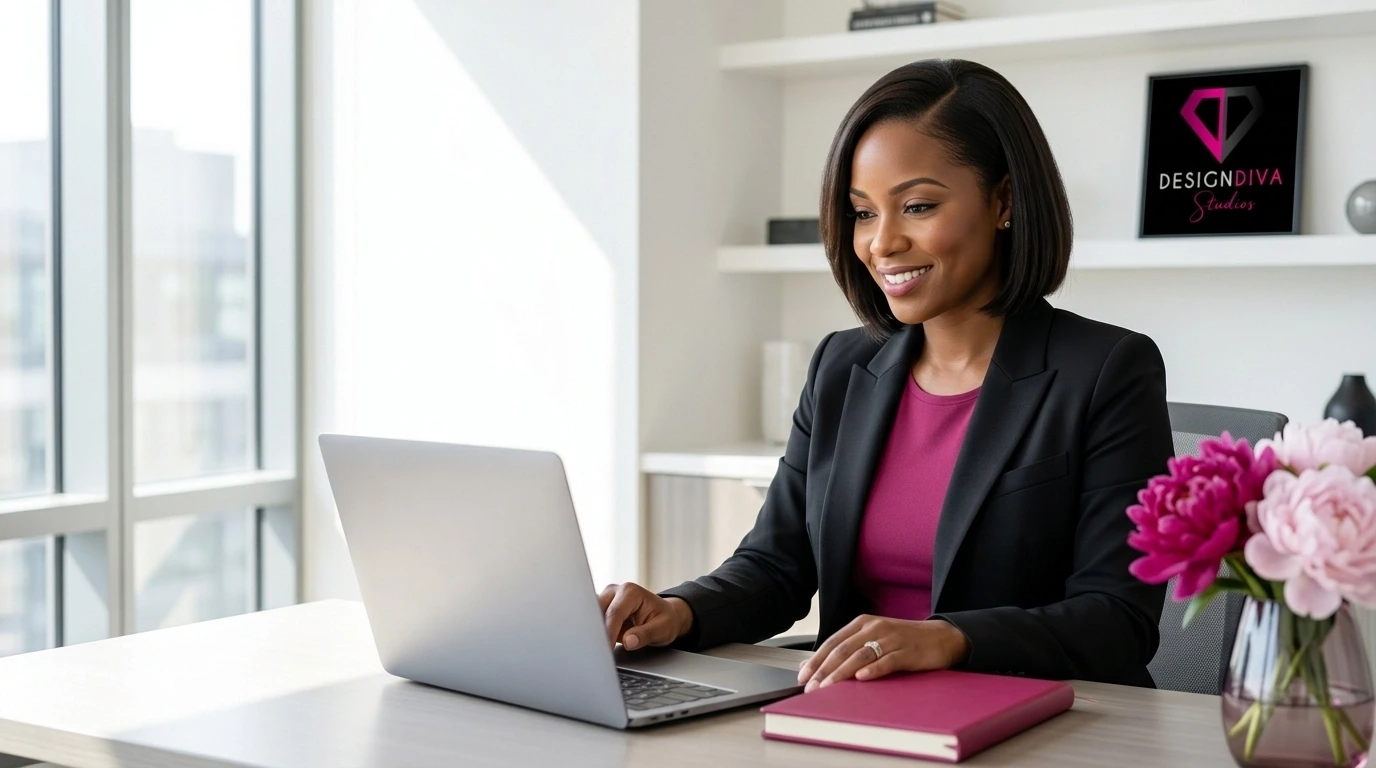 A confident woman leader in a polished office with magenta accents
